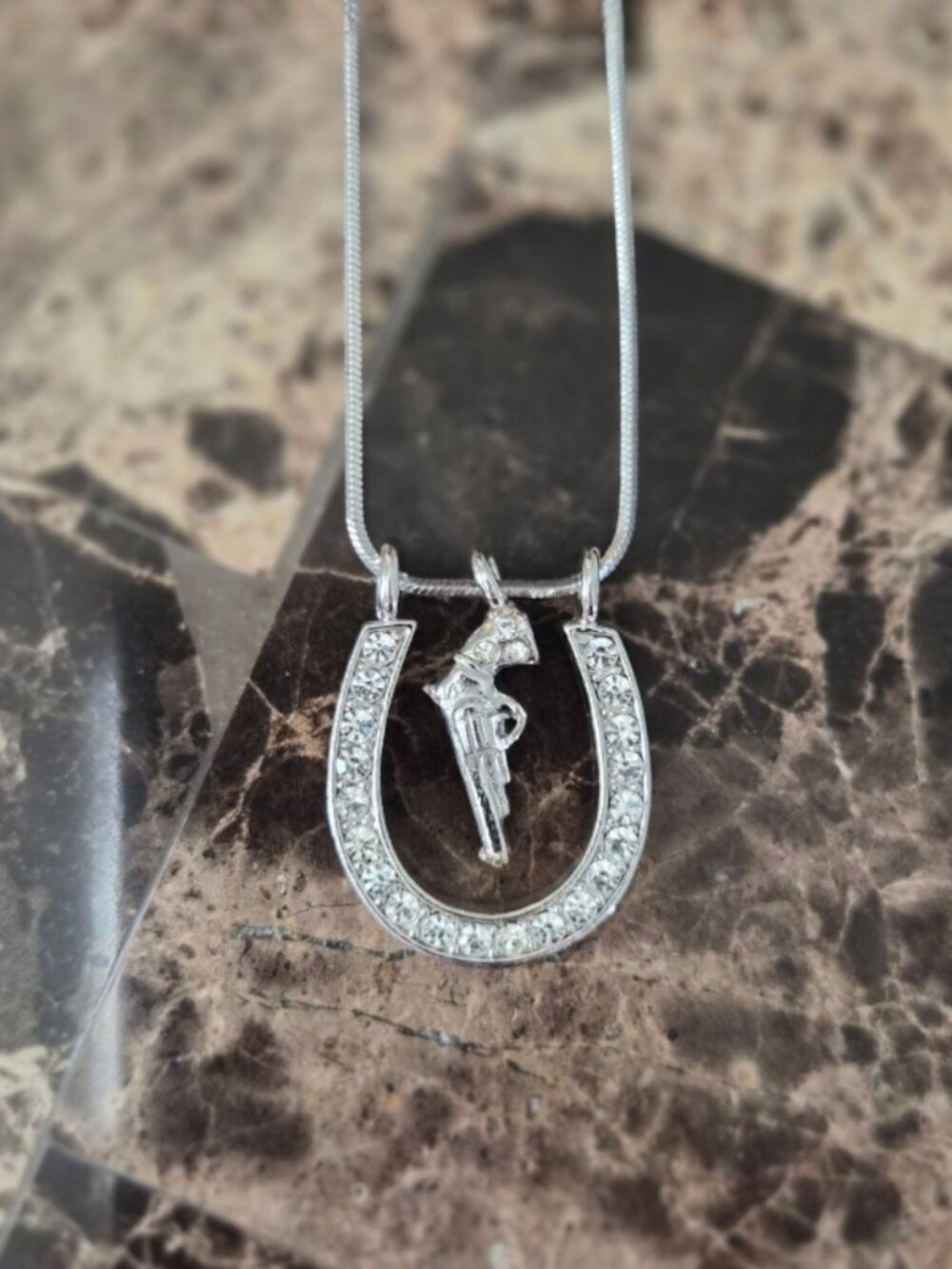 Silver Rhinestone Horseshoe Pistol Pendant Necklace
